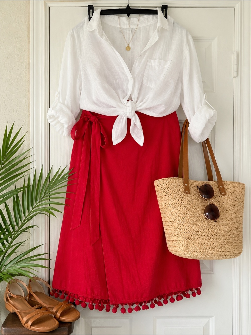 Eloquii Red Wrap Midi Skirt with Pom Pom Trim